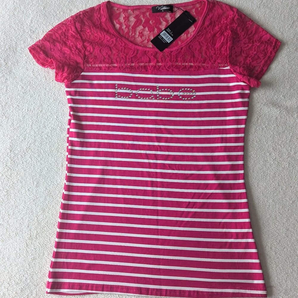 Pink and White Striped and Laced Babe T-Shirt Size L NEW